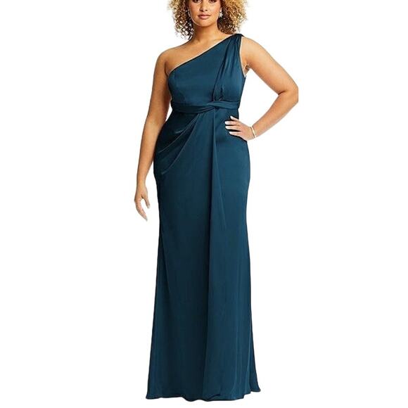 Dessy Collection Atlantic Blue Whisper Satin One Shoulder Drape Gown 10 NWT - Picture 1 of 14
